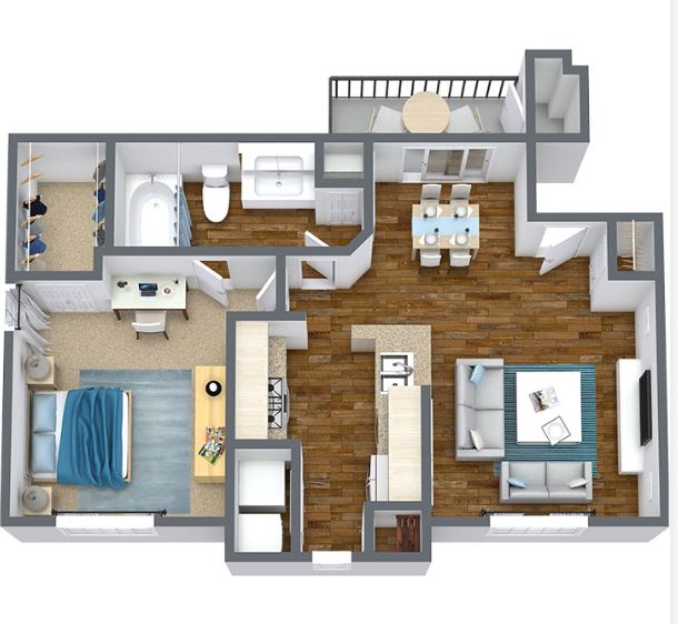 one bed one bath 724 square foot floor plan