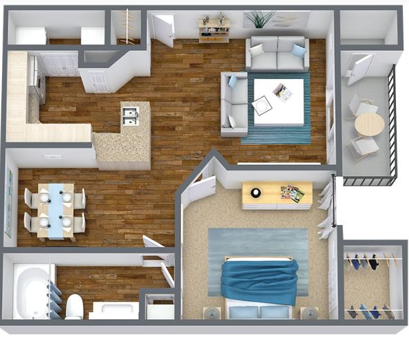 one bed one bath 730 square foot floor plan
