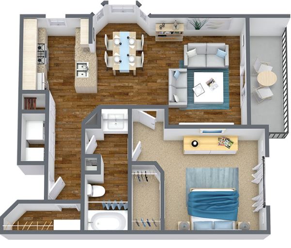 one bed one bath 736 square foot floor plan