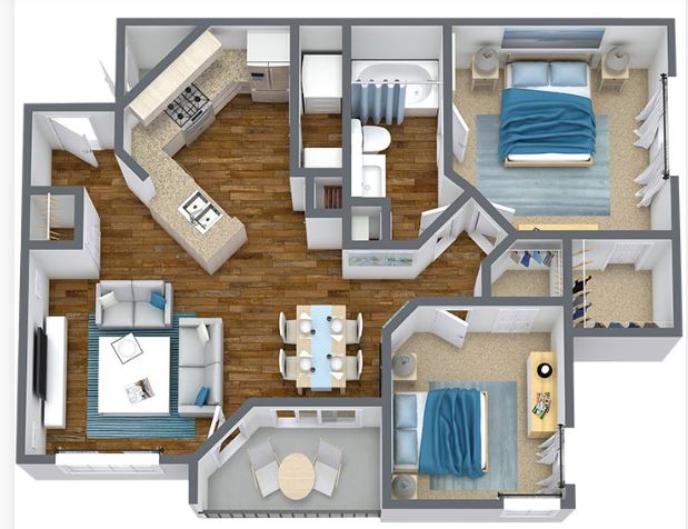 two bed one bath 838 square foot floor plan