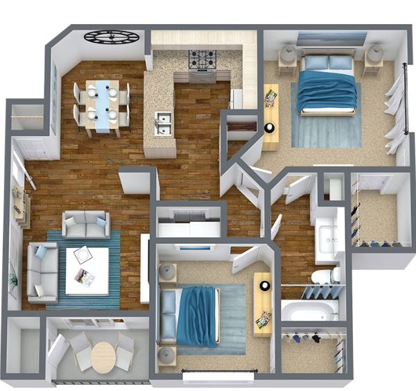 two bed one bath 923 square foot floor plan