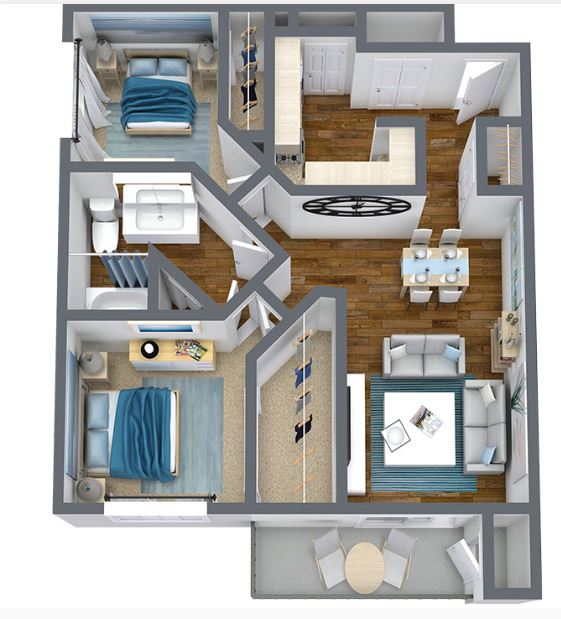 two bed one bath 958 square foot floor plan