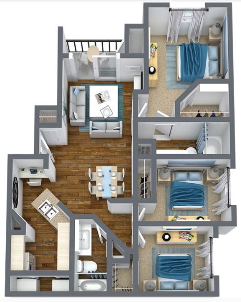 three bed two bath 1.217 square foot floor plan