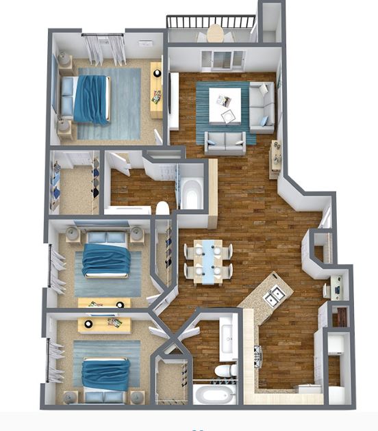 three bed two bath 1,304 square foot floor plan