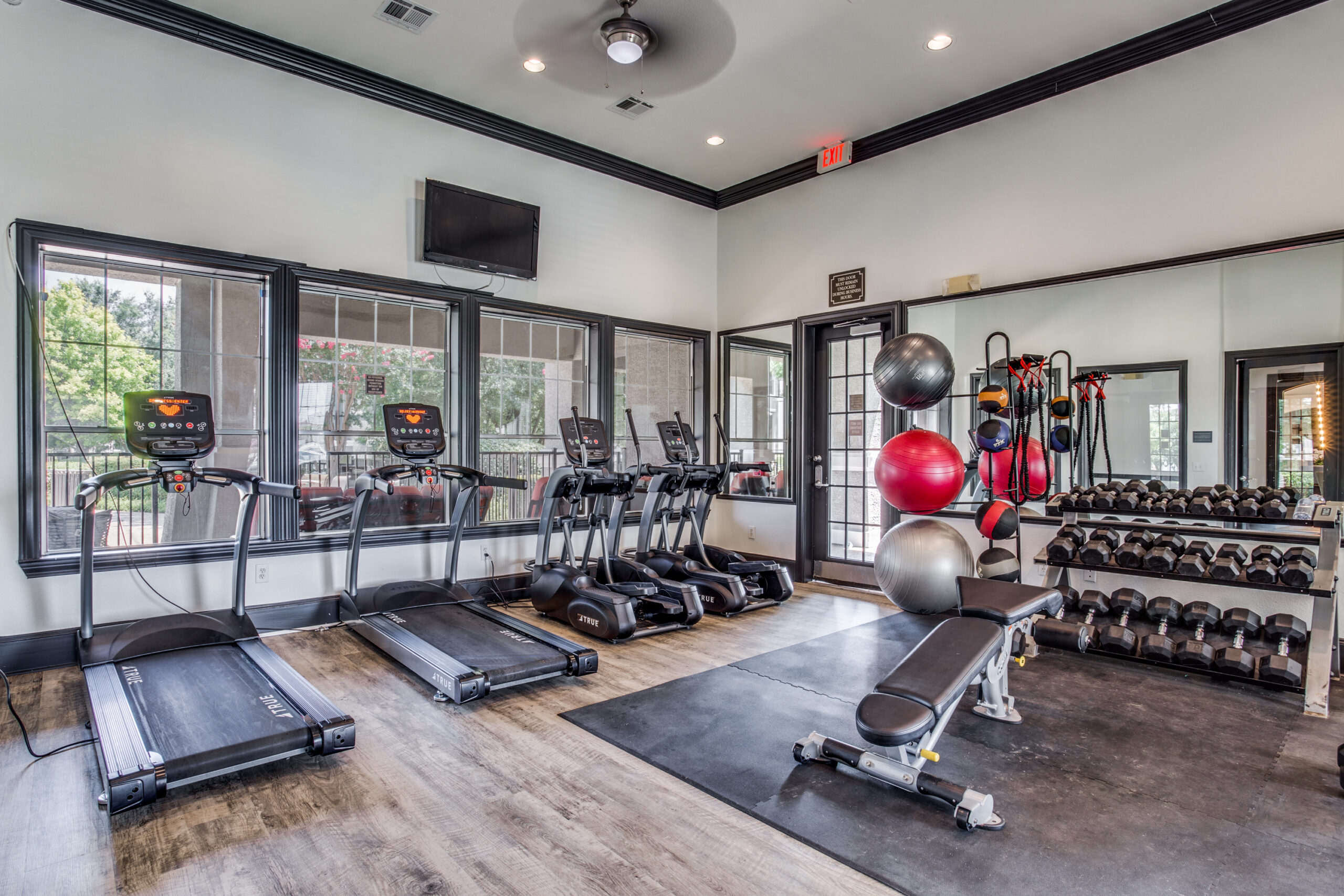 fitness center with free weights, medicine balls, treadmills and more