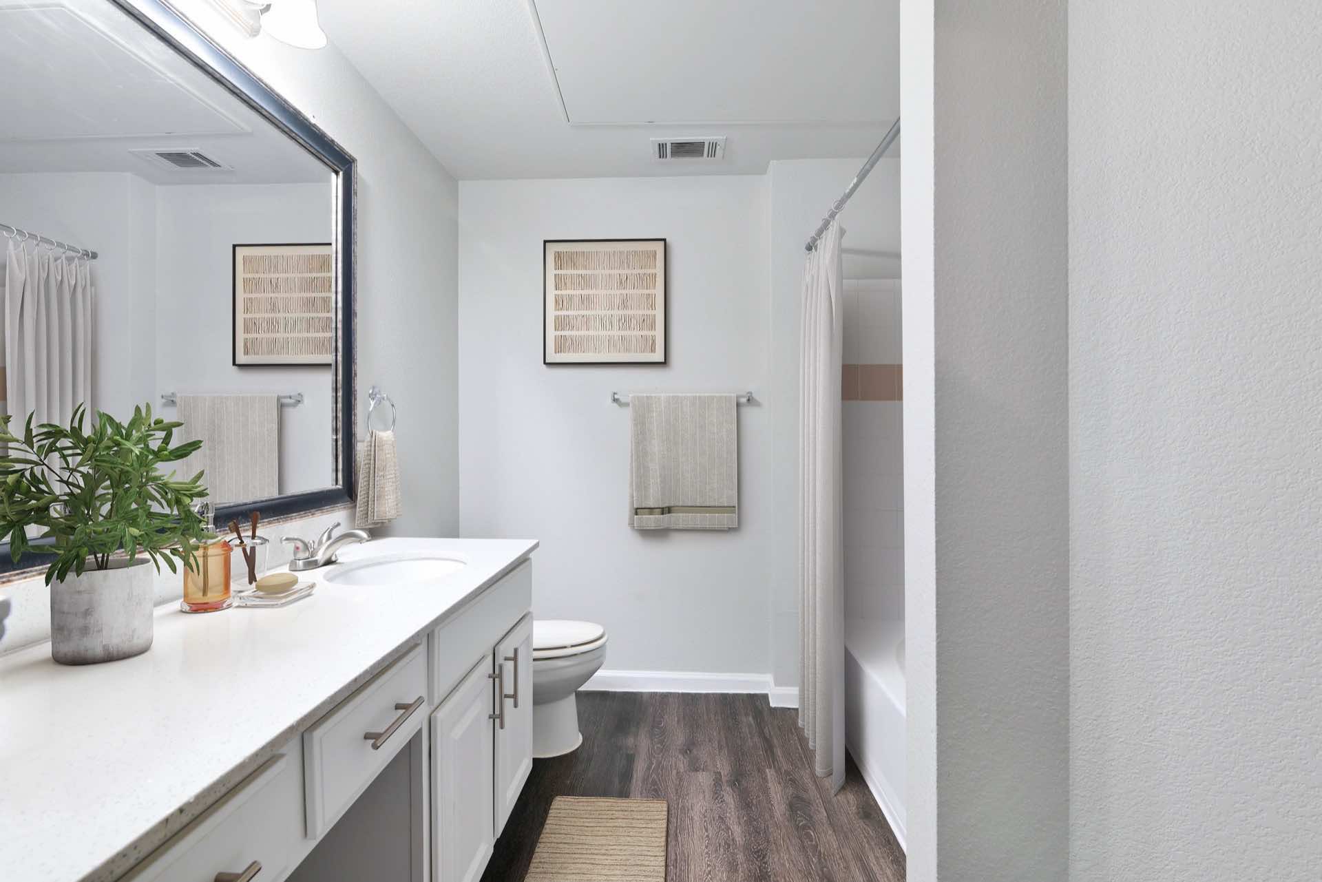 Bathroom with shower/tub combo and large bathroom counter